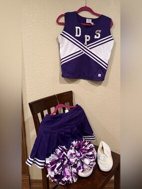 Cheerleading.com Purple White Cheer Uniform Set Top Skirt & Poms
